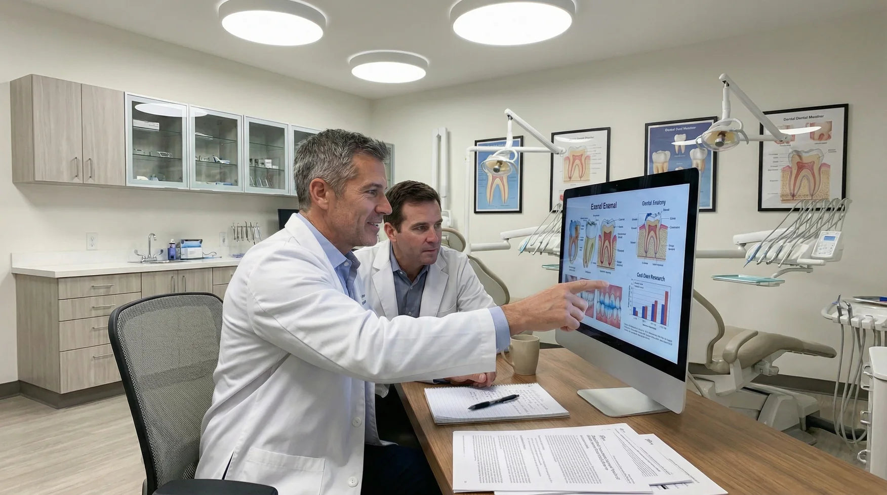 Dental clinicians reviewing oral health research